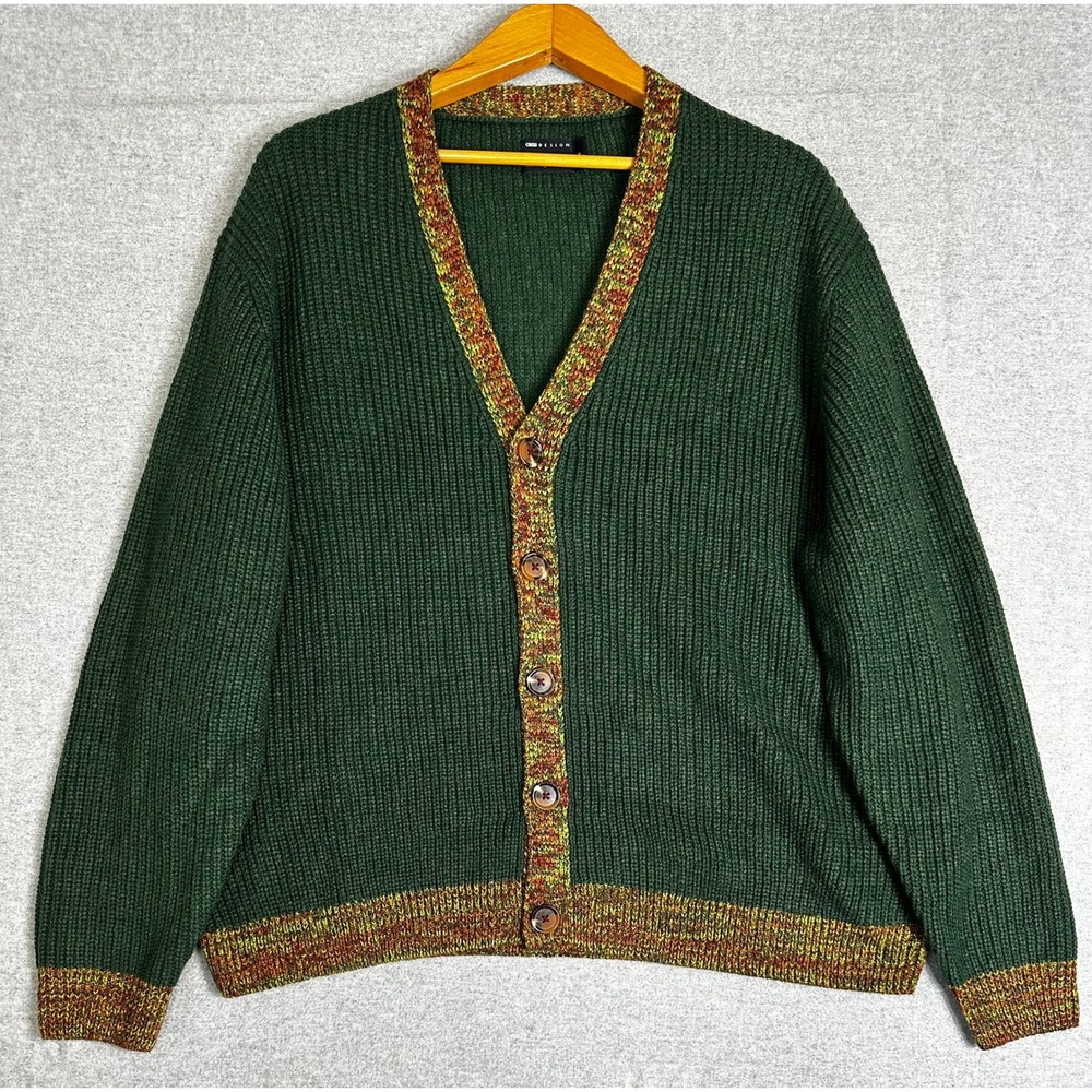 Chunky Cardigan Sweater Mens M Green Ribbed Knit Space Dye Tortoise Button ASOS